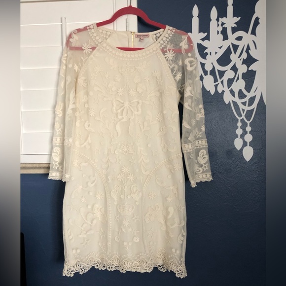 Juicy Couture Lace Dress Vintage Fully Embroidered Ivory Cream Crowns Sz 8 - Picture 11 of 12